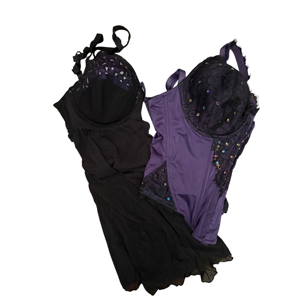 Cacique Purple Black Lingerie Lot Babydoll Corset Women Size 14/16 Whimsigoth